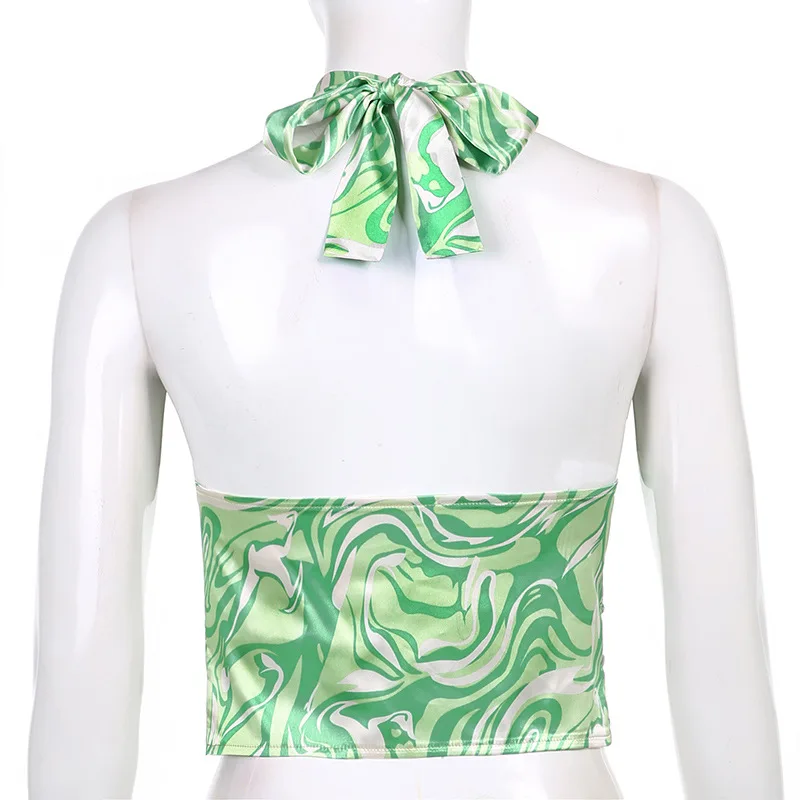 

WEPBEL Camis Women's Sexy Tie-Dye Printed Pleated Top Summer V-neck Halter Backless Slim Fit Lace-up Camis