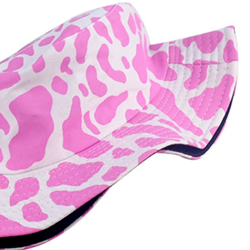 

Unisex Polyester Foldable Harajuku Pink White Cow Print Bucket Hat Reversible Panama Fisherman Cap For Music festival, Street