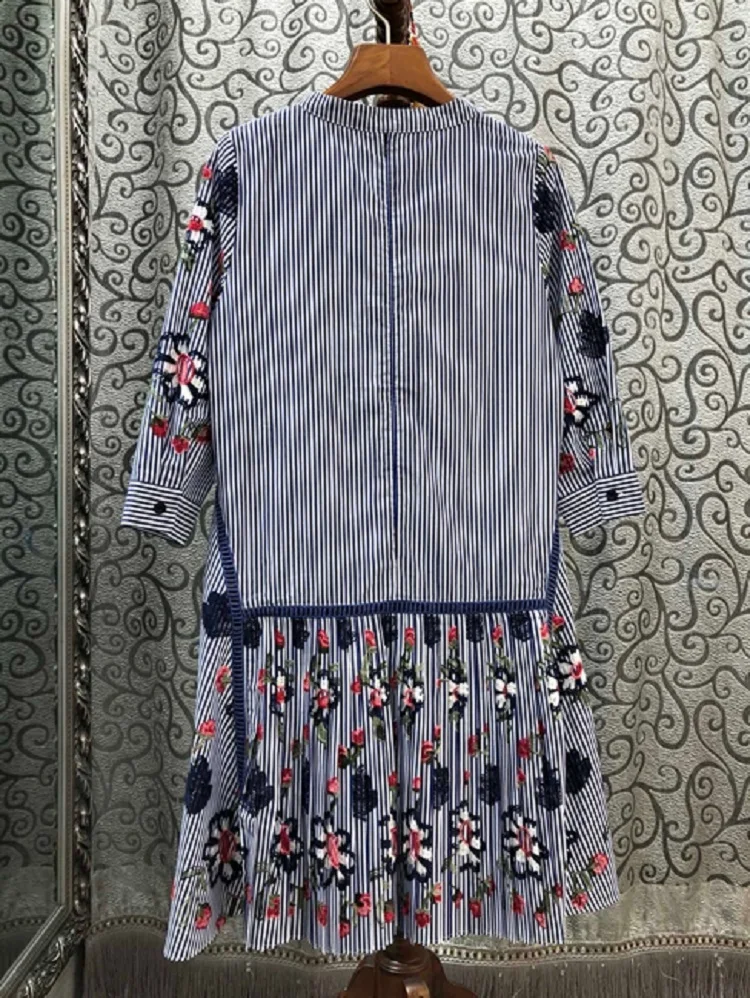 

2020 Summer Fashion Striped High Quality Women Floral Embroidery Ruffle Patchwork Half Sleeve Casual Cotton Dress Lolita