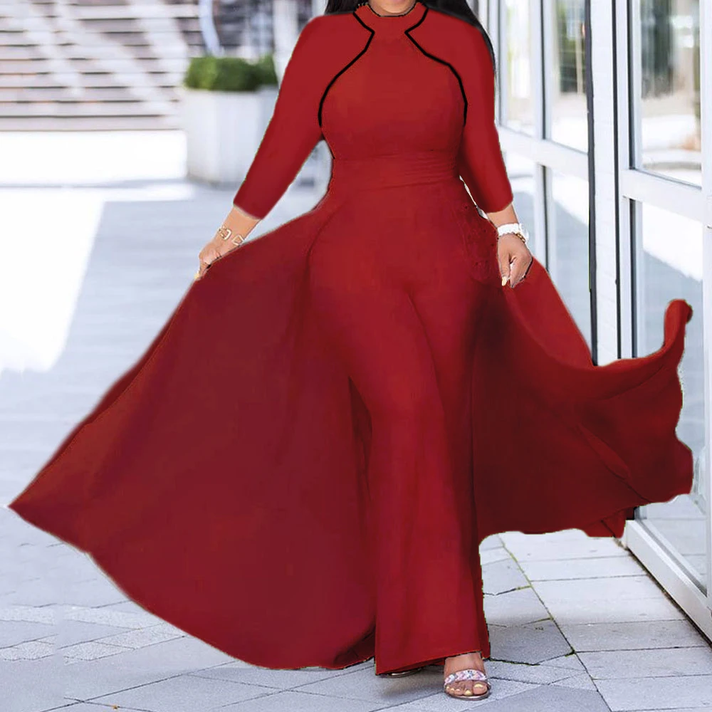 

White Women Long Jumpsuit Autumn African 2020 Long Sleeve High Waist Wide Pants Rompers Plus Size 3XL Femme Office Lady Work