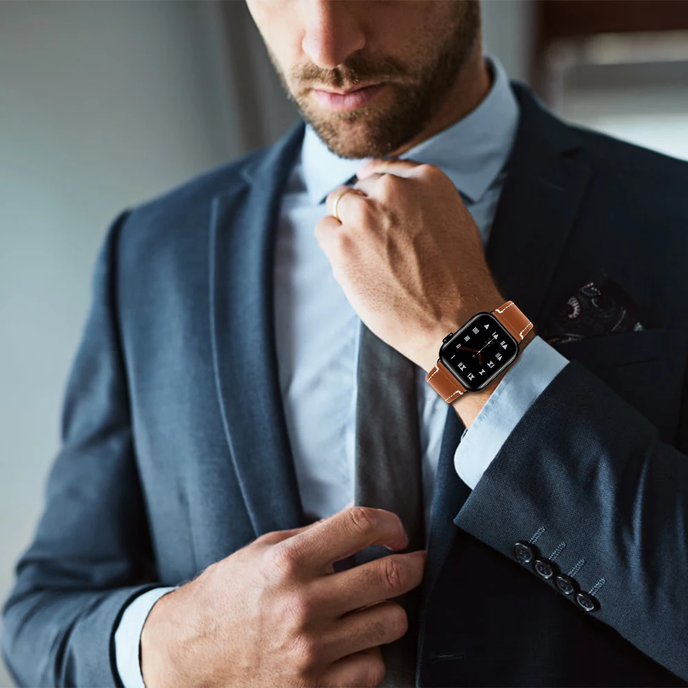 

OULUCCI Leather strap for apple watch band 38mm/40mm/42mm/44 mm Black brown Replacement strap for iwatch series 5/4/3/2/1