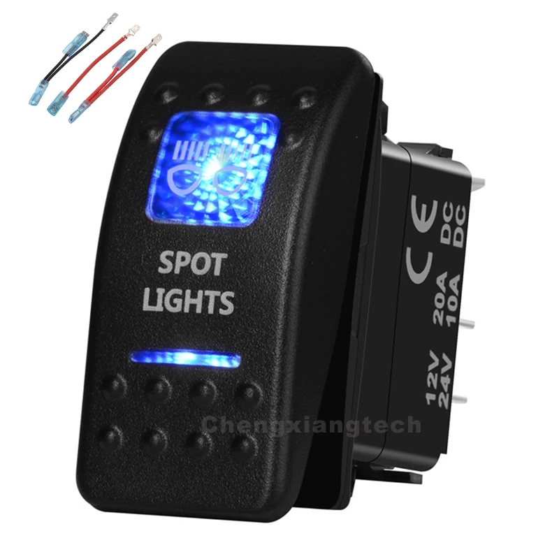 Blue Led 5 Pin on-off SPST Rocker Push Switch Spot Lights Waterproof Overload protection Car Boat 12v/24v+Jumper Wires Set