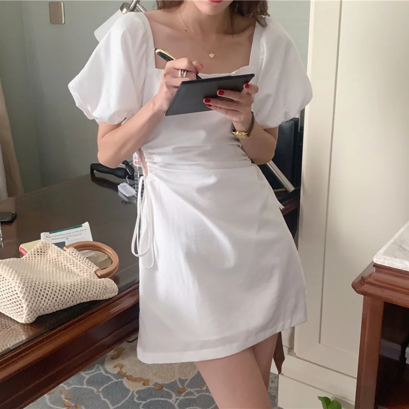 

Design Waist Hollow Out Square Neck Woman Dress Sweet Puff Short Sleeve Solid Mini Vestidos De Fiesta Elegant Moda Robe Femme