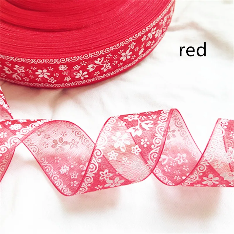RED Suoja 5/20 метров/упаковка 25 мм печатные цветочные ленты из органзы Ткань DIY банты для волос подарочная упаковка свадебное украшение для вечеринки; Рождество - Цвет: RED