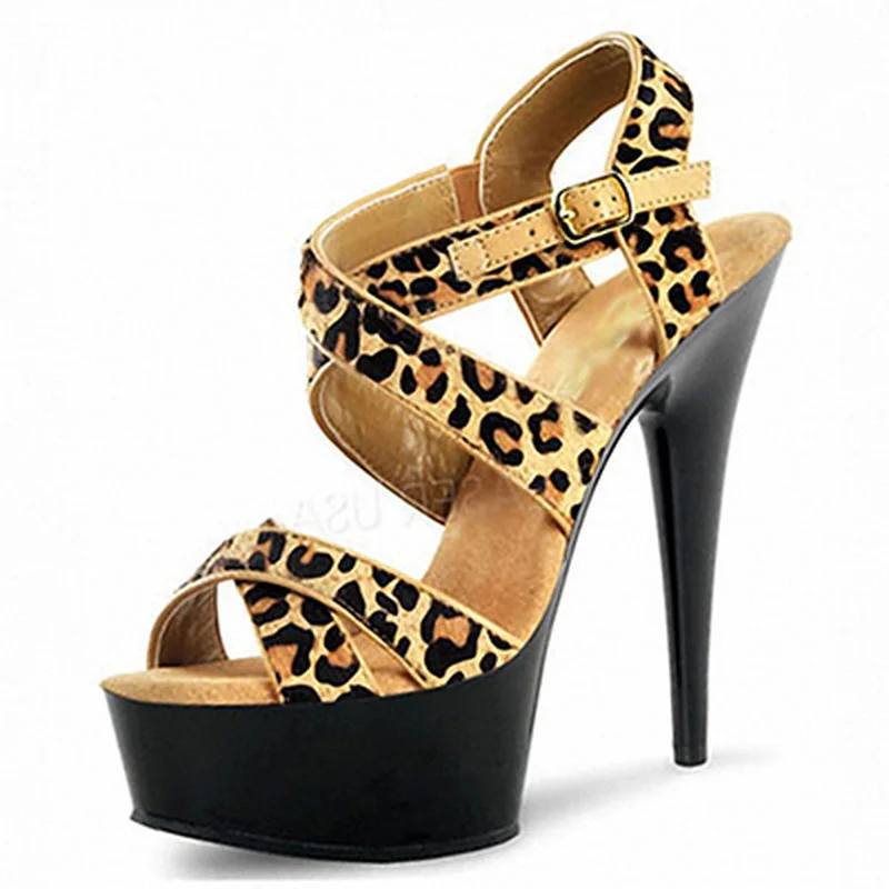 

Mclubgirl 15cm Heels Super High Heels Sexy Leopard Print Hollow Out Fine Heels Night Club Princess Interest Sandals LYP