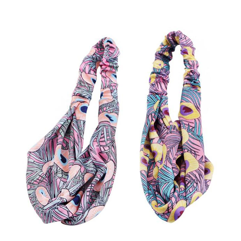 

Yoga Fitness Wash Face Hairbands Peacock Feather Pattern Print Headband Cross Knotted Turban Headwrap Elastic Hair Band