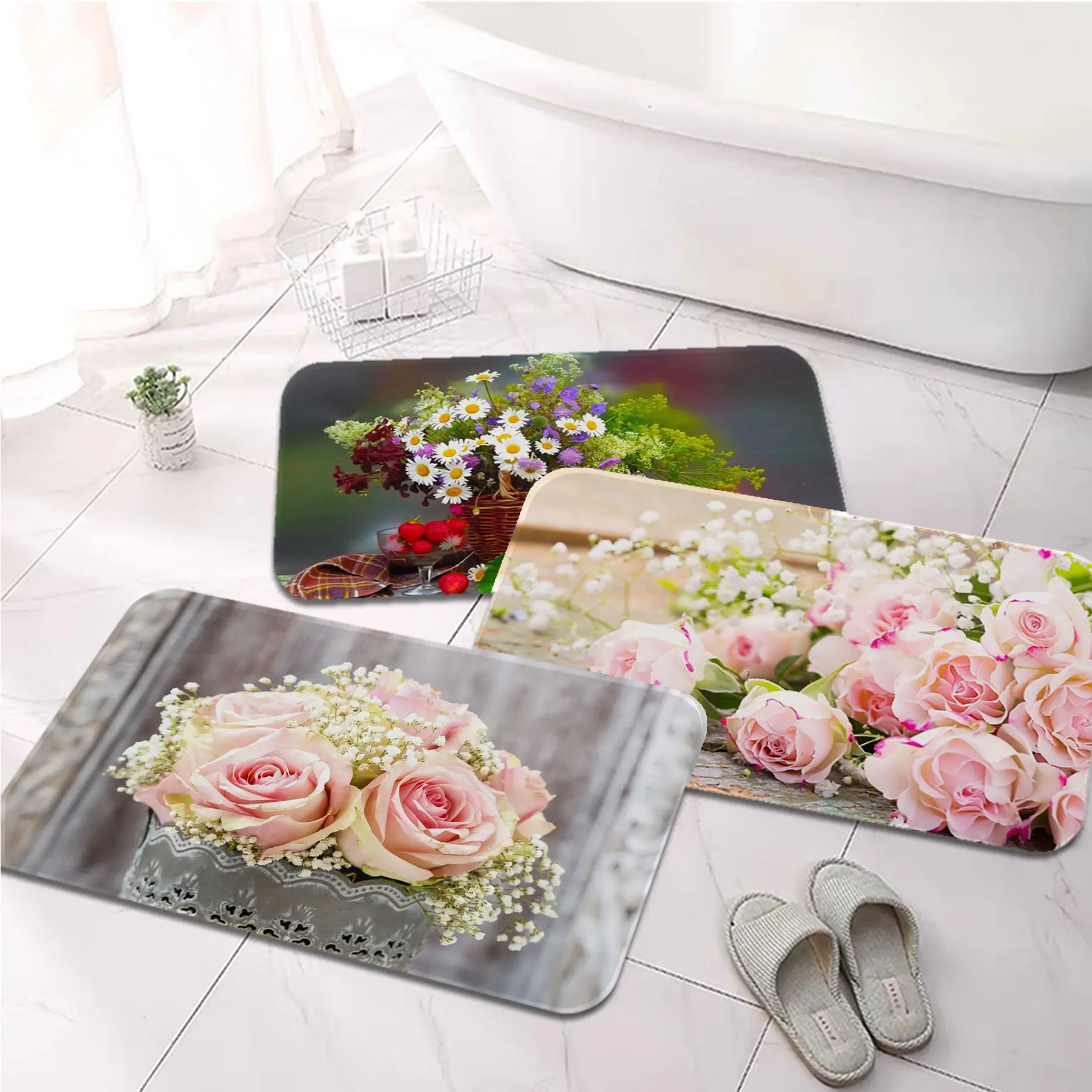 

Bucket flowers pink roses vase Printed Flannel Floor Mat Bathroom Decor Carpet Non-Slip For Living Room Kitchen welcome Doormat