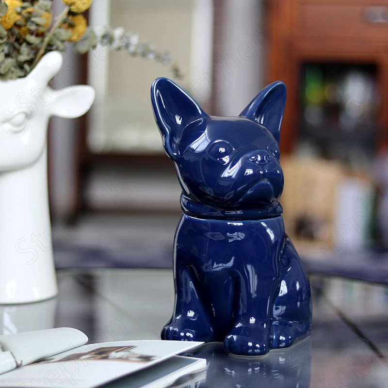 

Blue Glazed French Bulldog Cosmetic Jar European Modern Animal Ornaments Countertop Vase Home Candy Snacks Storage Jars with Lid