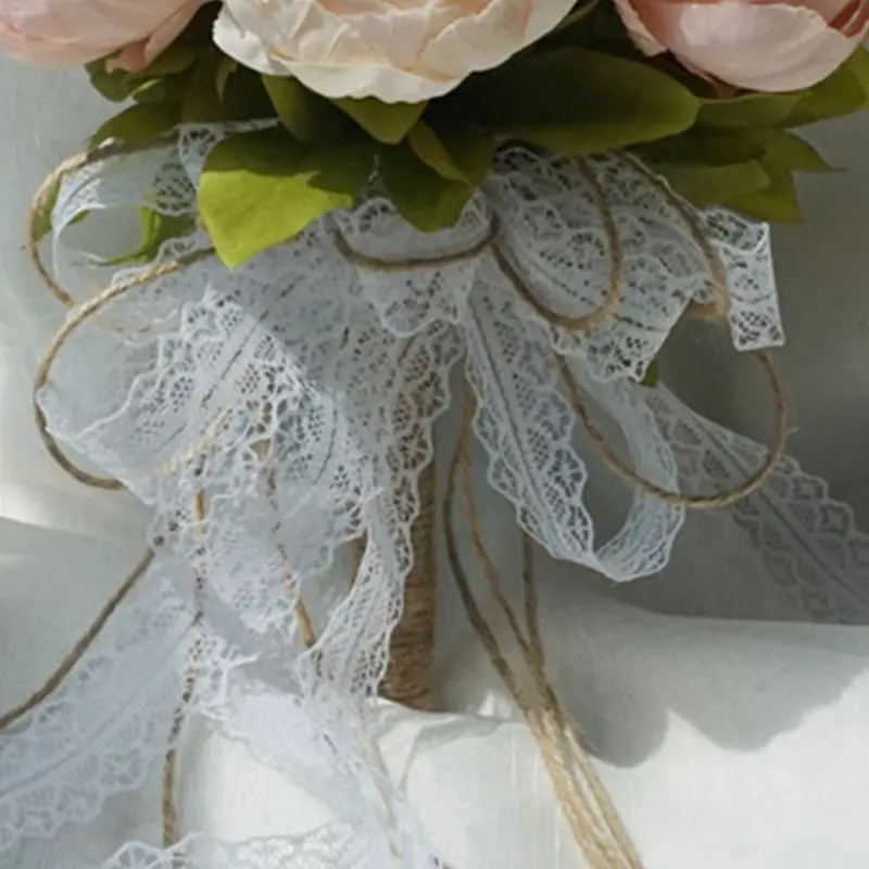 

Retro Rustic Style Bride Bridesmaid Bouquets Artificial Peony Fake Rose Wedding Holding Flower Long Ribbon Lace Party