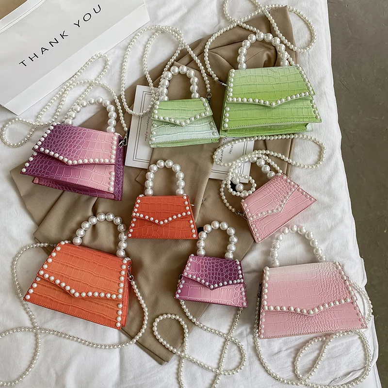

Gradient Mini Tote Bags for Women Luxury Alligator Pattern Shoulder Bag Designer Leather Handbag Pearl Chain Lady Crossbody Bag