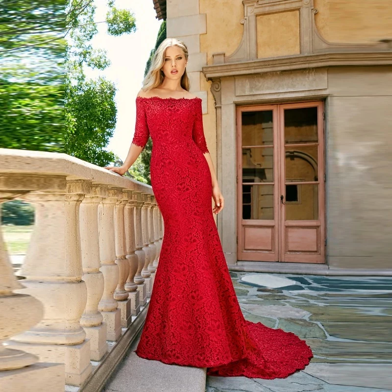 

Unique Charming Red Mermaid Lace Bride Wedding Dresses with Off Shoulder 3/4 Sleeves Bateau Neck Bridal Gowns Court Train 2022