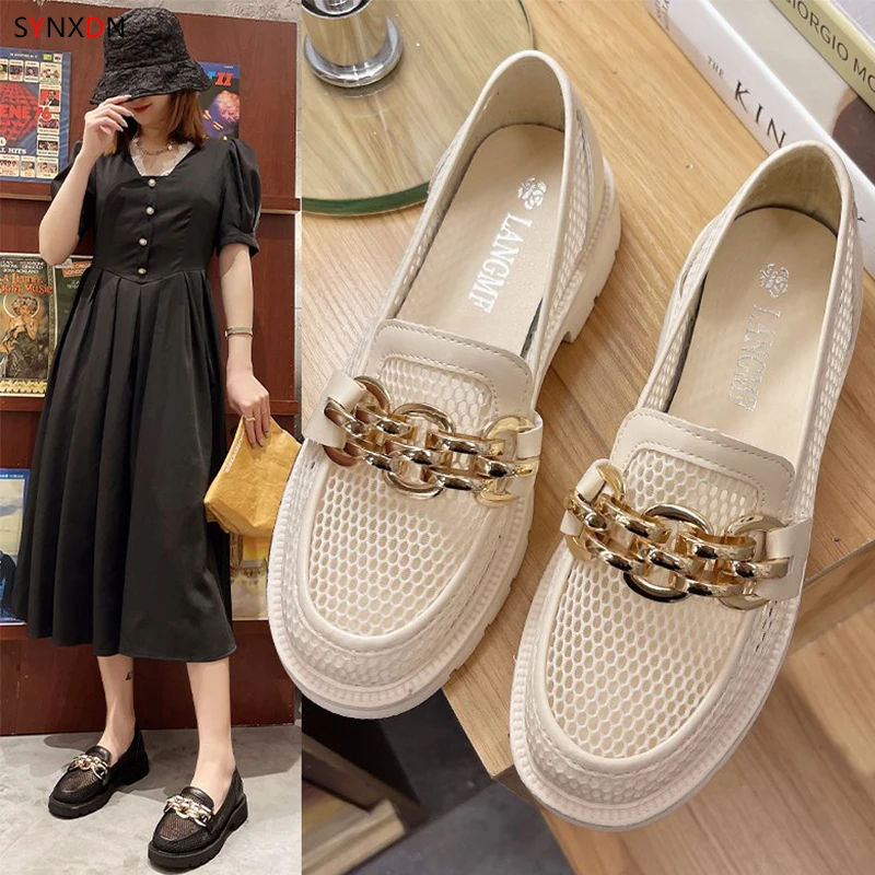 

SYNXDN Retro Women Heels Round Toe Leather Buckle Loafers 2021 New Slip On Summer Shoes Breathable Mesh Mujer High Quality Soft