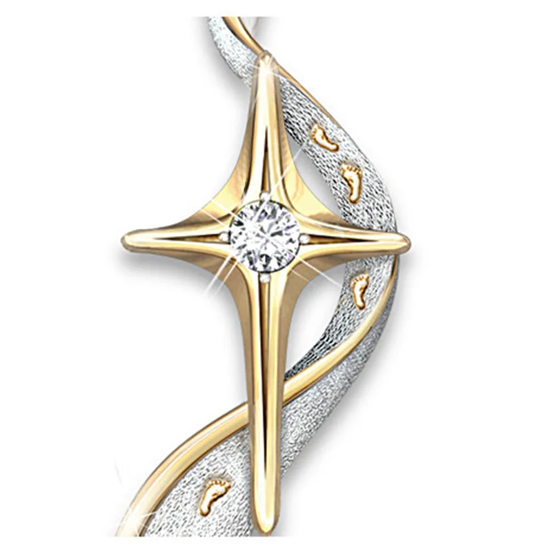 

Milangirl Cute Religious Printed Necklace for women Footprints Cross Pendant Plated Fashion Creative Gold Two-Color Necklace