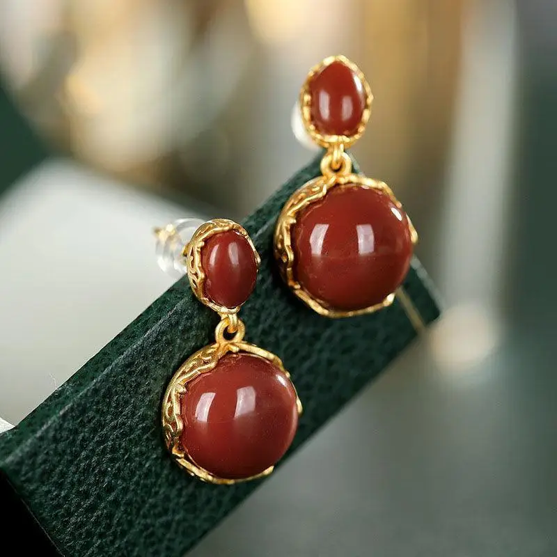 

S925 Sterling Silver Inlaid Natural South Red Agate Simple Geometric Classic Graceful Personality Women's Stud Earrings Eardrop