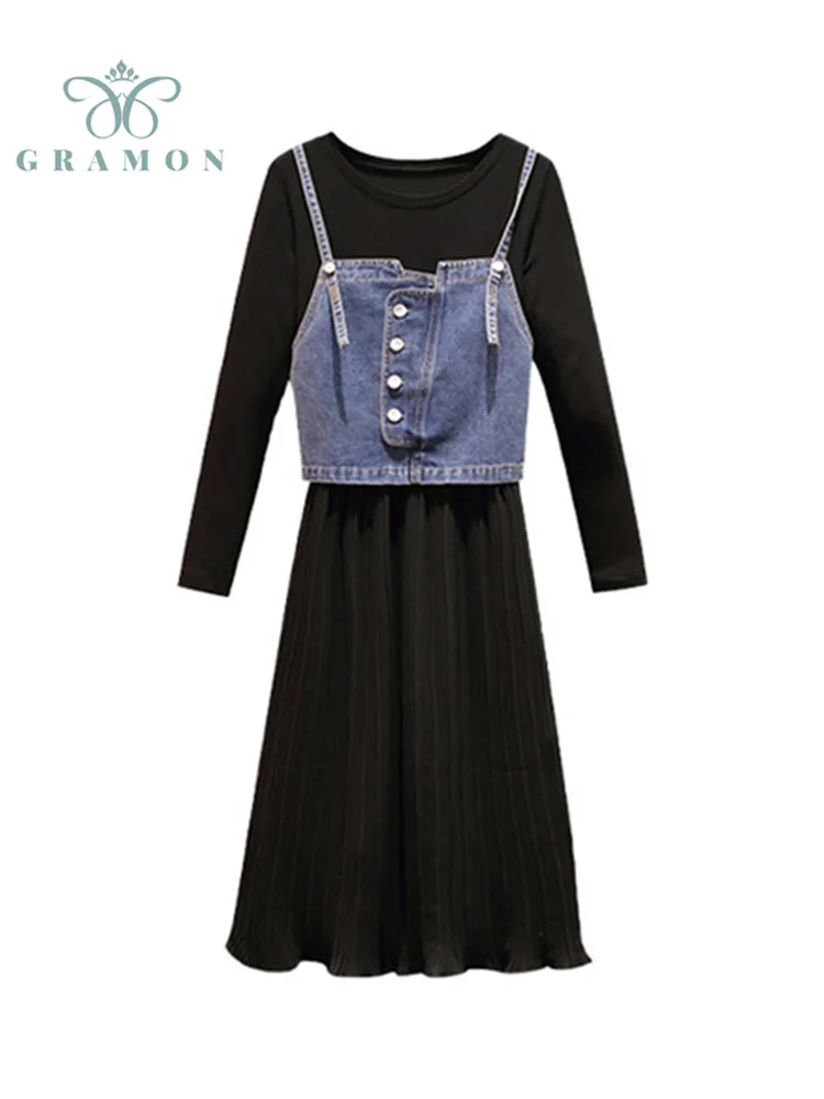

Dress And Denim Suspender Top Women Clothing Oversized Black Long Sleeve Bottoming Dress 2021 Autumn Korean Chic Vestidos Mujer