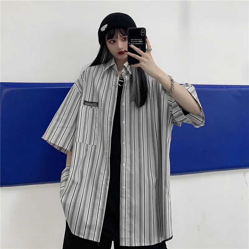 

Задняя крышка складывается втрое, полосатые рубашки для женщин 2021 в готическом стиле, модная одежда для девочек Свободная футболка с коротк...