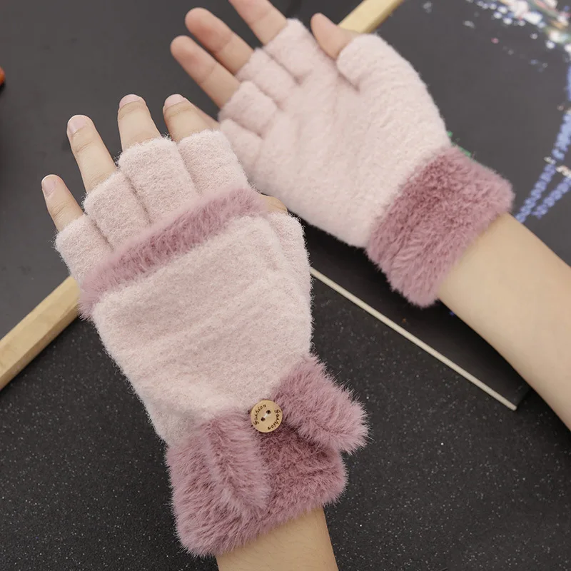 

Winter Women Glove Outdoor Cartoon Rabbit Ear Flip Half Finger Gloves Thicken Warm Mittens Anti Scratching Trendy Gloves