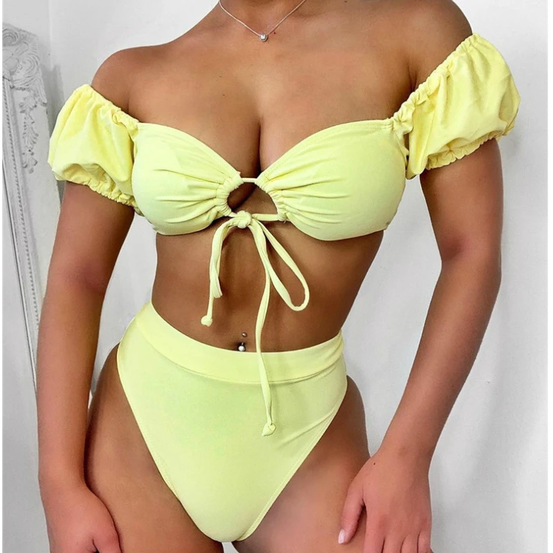 

High Waist Women Padded Swimsuits Bikini Set Dot/Solid Bandage Off Shoulder Push-up Bra Panties Beach Bathing Suit Biquinis 2PCS