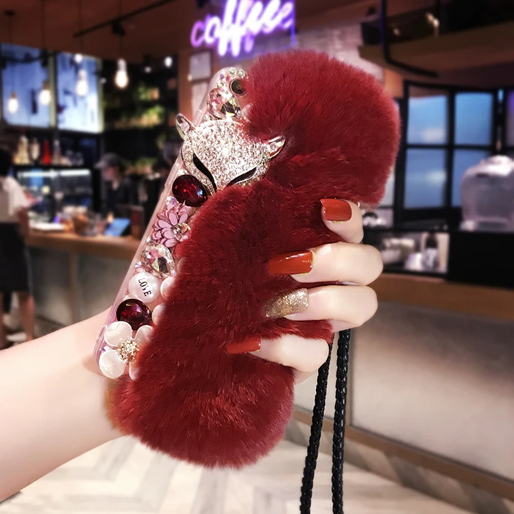 

Fur Fox Diamond Phone Case For iPhone 11 12Pro Max XR XS Max X 8 7 6S Plus Luxury Strap Silicone Lanyard Cover For iPhone 12