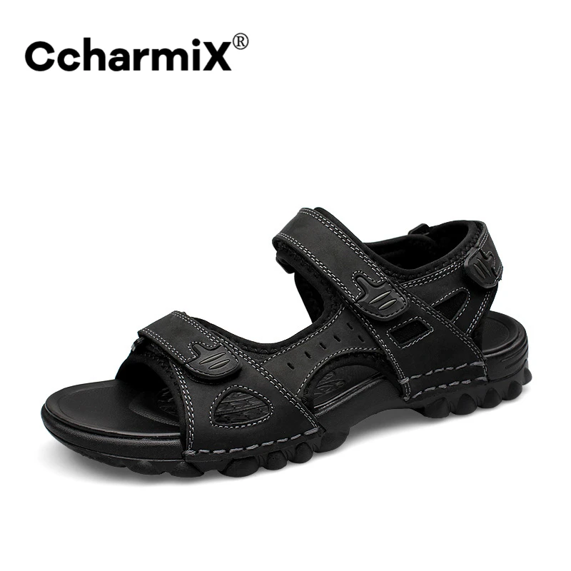 

CcharmiX Big Size 48 Mens Sandals Genuine Leather Summer Beach Dress Mens Fashion Sandals Outdoor Men Shoes Black Light Sandals