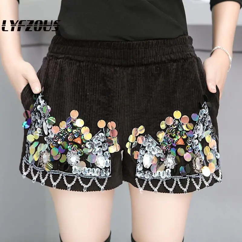

LYFZOUS Autumn Winter Shorts Women Wide Leg Shorts Feminino Corduroy Colored Sequins High Waist Warm Chic Shorts With Pockets