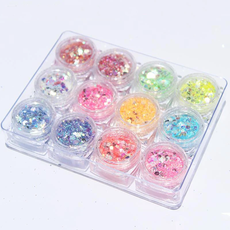 

12 Jars Sparkly Mermaid Nail Glitter Flakes Mixed-Shape Sequins UV Gel Polish Color Changing AB Color For Nail Art Glitter LS897