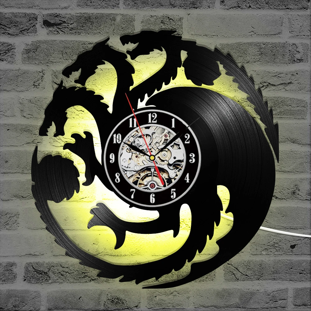 Fire Blood Game of Thrones Theme 3D Record Clock Hollow Round Dragon Shape Hanging Clock Antique Black Room Decor Wall Clock