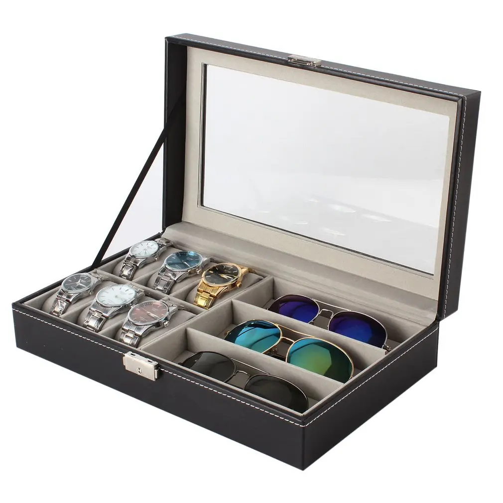 

PU Leather Single Layer 6 Grids Watches Storage Boxes And 3 Grids Glasses Organizers for home jewelry decoration