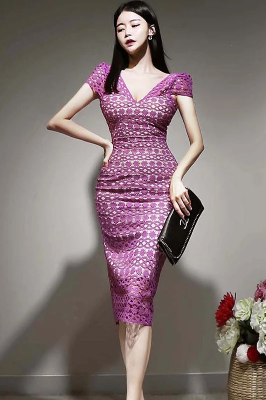

COIGARSAM Women dress New Summer V-Neck Dresses Purple Black 7197