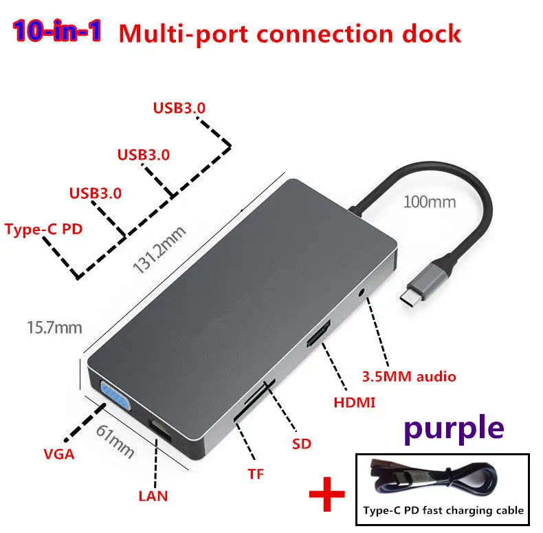 Usb-хаб-c Расширительная док-станция USB3.0 SD TF HDMI VGA 3,5 мм аудио Ethernet интерфейс для huawei xiaomi Macbook mate 10 P20 pro - Цвет: PD  line Purple