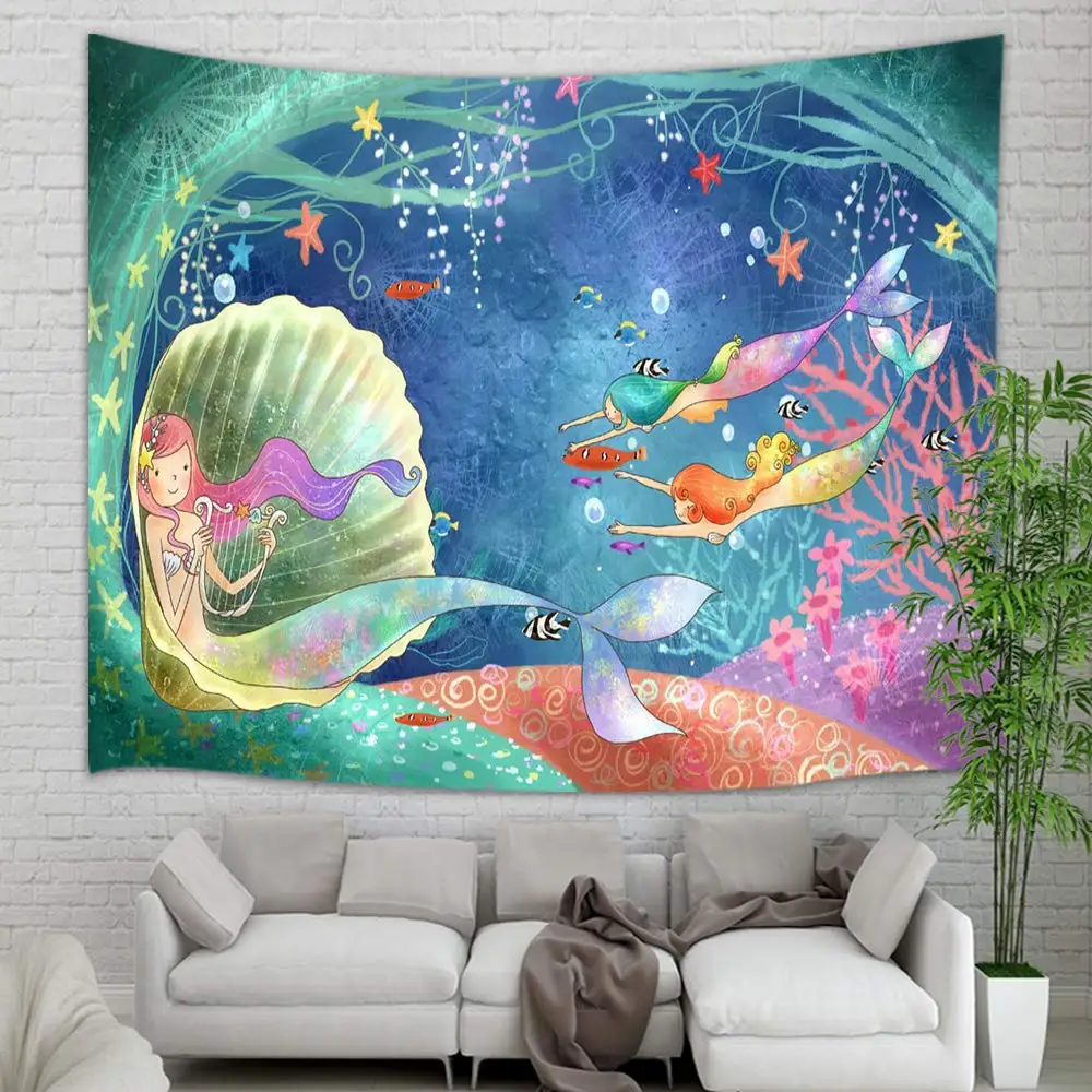 

Underwater World Watercolor Mermaid in Seashell Wall Tapestry