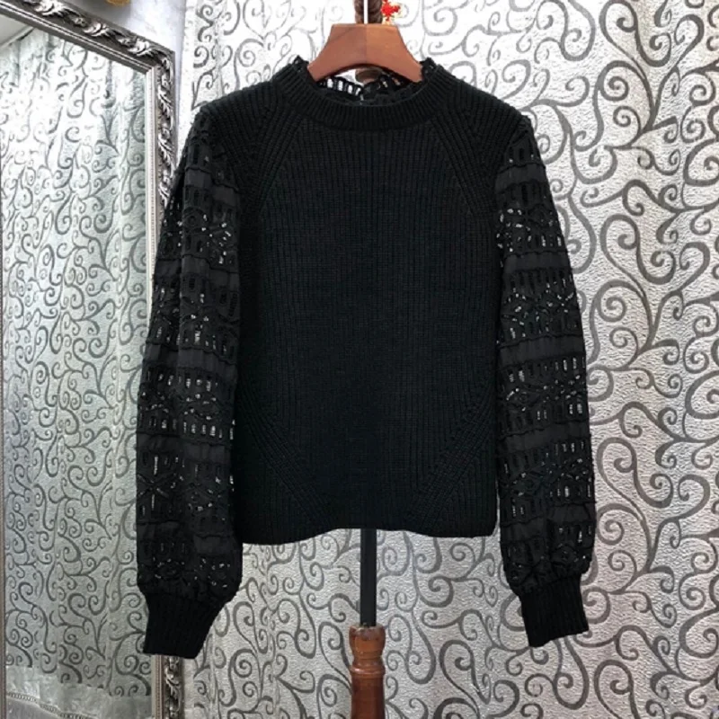 

Fashion New Tops Sweaters and Pullovers 2021 Autumn Winter Knitwear Women Hollow Out Embroidery Long Sleeve Apricot Black Jumper