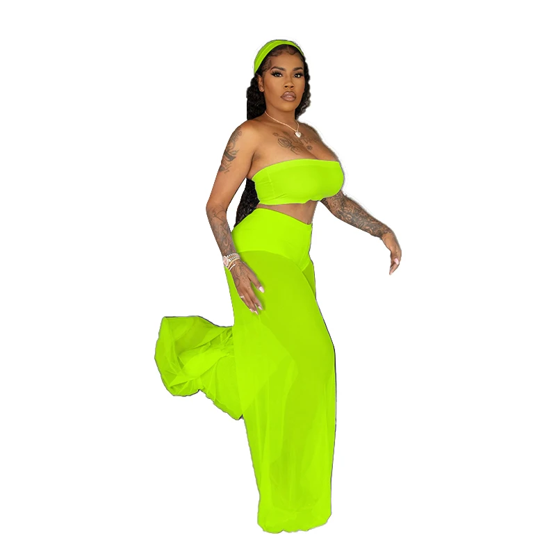 Fashion Trend Bohemian Hot European And American Sexy Women's Pure Color Transparent Mesh two-piece Set 018