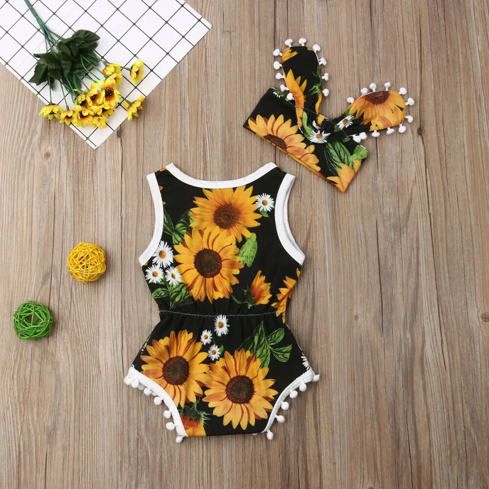2019 летняя одежда для малышей Одежда маленьких девочек боди с подсолнухами