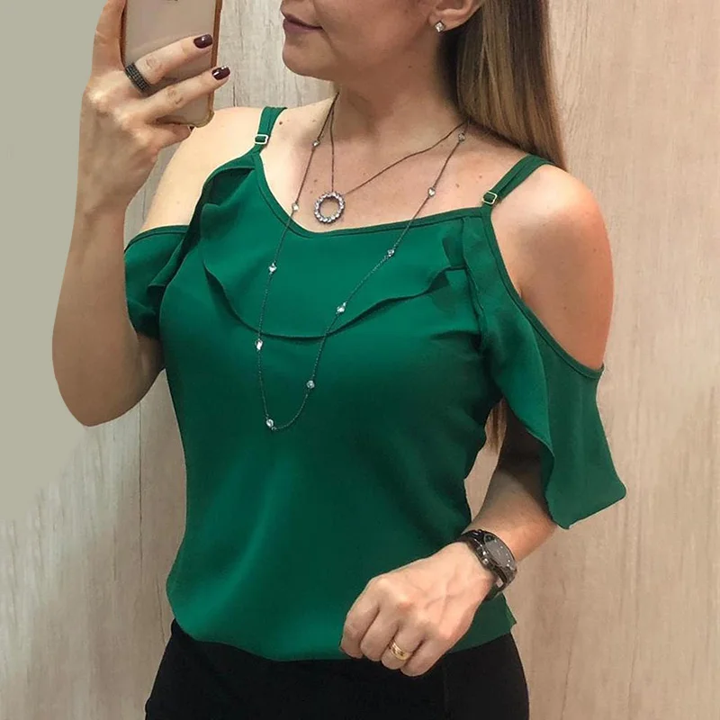 

Women Elegant Fashion Shirt Female Top V neck Could Shoulder Sleveless spaghetti strap Casual Blouse
