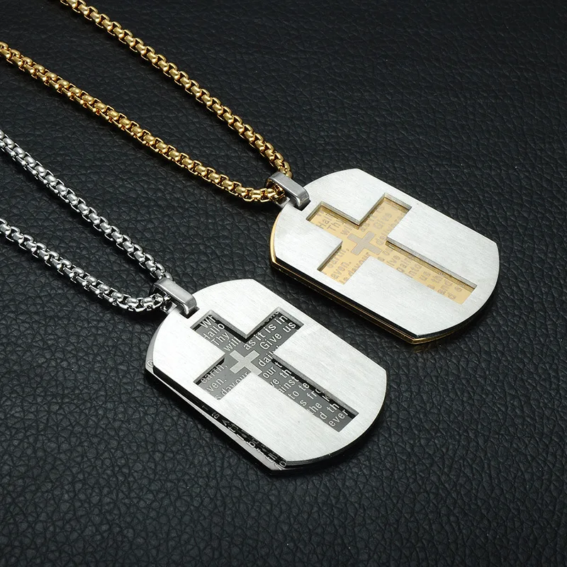 

Stainless Steel Stacked Double Cross Prayer Dog Tag Pendant Hollow Cross Army Necklace Design Women Male Jewelry Accessories