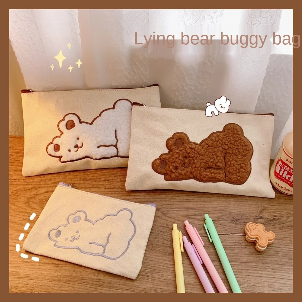 

Cute Ins Bear Makeup Storage Bag Student Storage Bag Girl Heart Canvas Coin Purse Lipstick Bag Kawaii Pencil Case
