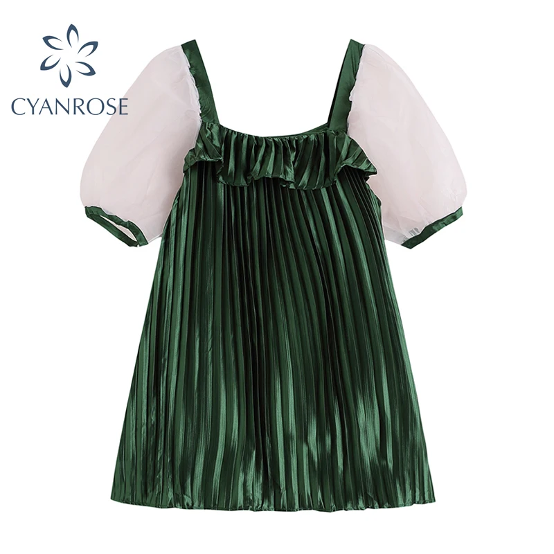 Новинка лета модное мини-платье с буффами на рукавах квадратным вырезом платье
