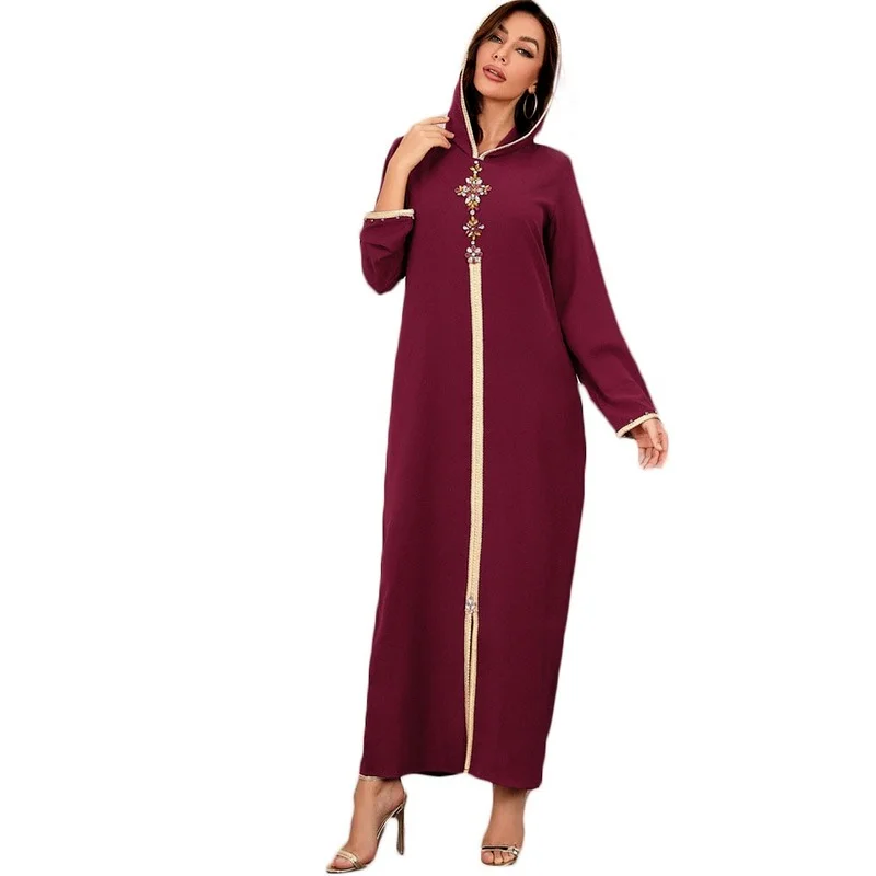 

Diamond Dress Women's 2021 Muslim Clothes Fashion Elegant Summer Fall Dubai Hijab Solid Color Beaded Hooded Long Sleeve Dresse