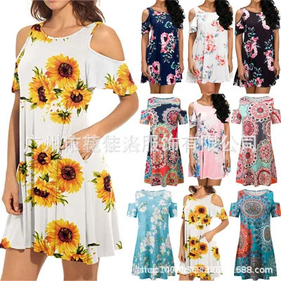 

Off-the-shoulder element printed short-sleeved casual dress women's clothing