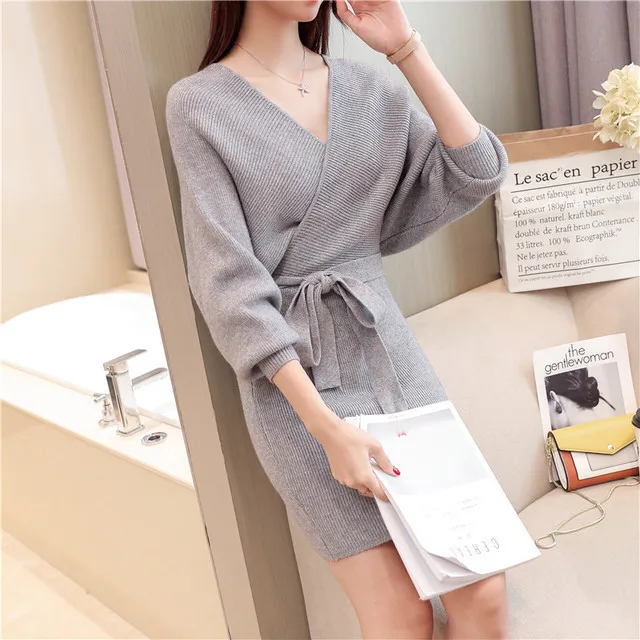 

Knitted Cashmere Sweater Dress Women Autumn Winter Sexy V Neck Slim Bodycon Long Sleeve Ladies Knitting Dresses Party Vestidos