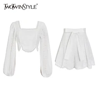 twotwinstyle korean two piece suit womem clothing square collar puff sleeve top high waist bowknot skirt summer sets female 2021