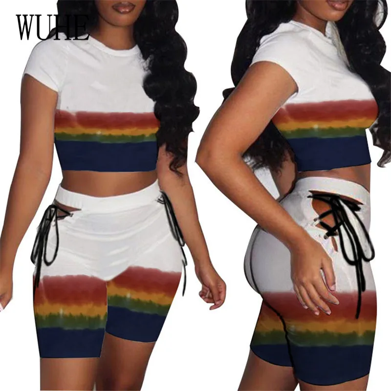 

KEXU Bandage Print 2 Piece Sets Short Sleeve O Neck Crop Top and Side Lace Up Sexy Hollow Out Skinny Pants Casual Club Outfits