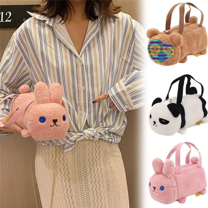 Зимняя плюшевая сумка мессенджер для девочек с медведем и кроликом клатч