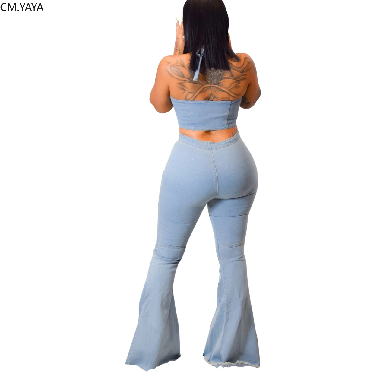 Осенний джинсовый уличная Женская одежда комплект с бретелькой на шее