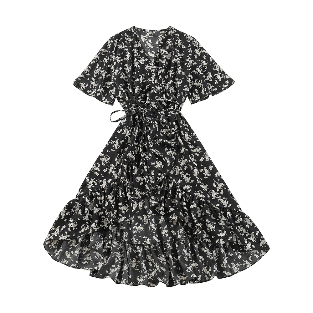 

Retro Floral Skirt Women's Summer 2021 New Waist Slimming Midi Dress Lace-up Fashionable French Ruffled Dress