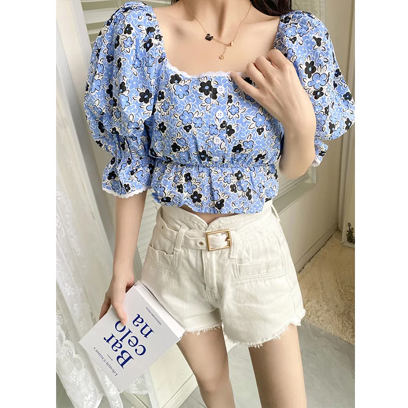 

Новинка лета 2021, маленький универсальный топ с пузырьковыми рукавами, тонкая шифоновая блузка с цветочным принтом