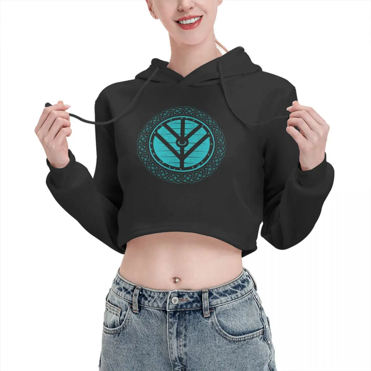 

Open navel Cat Ear Hoodie Sweater Viking Shield Maiden Norse Knot Work Teal Shield Hooded rope Funny Novelty Kawaii Print Hoodie