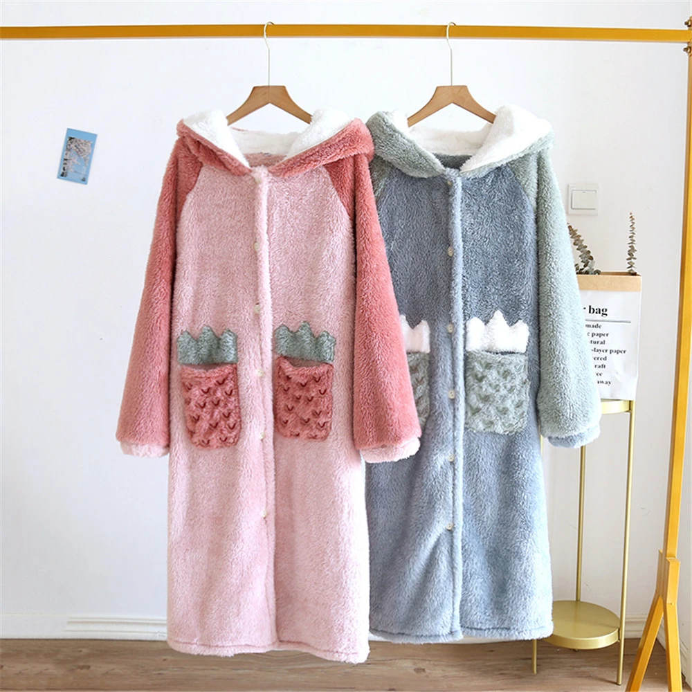 

New Women Robes Winter Warm Coral Fleece Hooded Nightdress Sleepwear Female Bathrobe Cartoon Pajamas Home Clothes Sleeping Robe