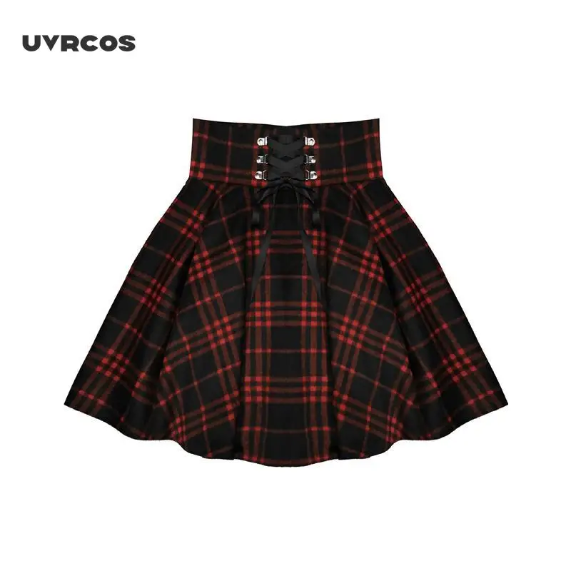 

UVRCOS Gothic Lolita Skirt Women 2020 Spring Autumn Winter High Waisted Lace-up Short Plaid Wool Skirts